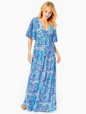 Lilly Pulitzer Minka Sleeved Maxi Dress Blue Grotto Commotion In The Ocean